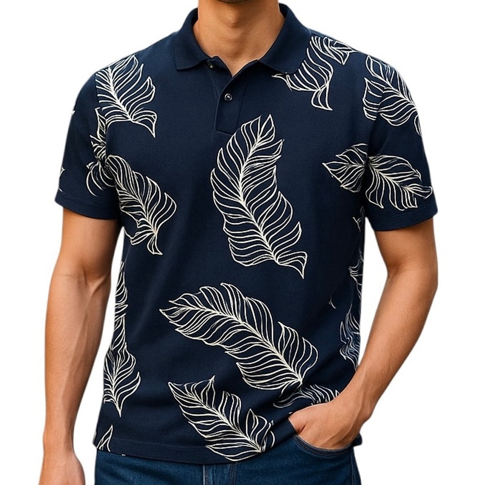 Nautica Palm Leaf Polo Shirt Navy White Size SMALL